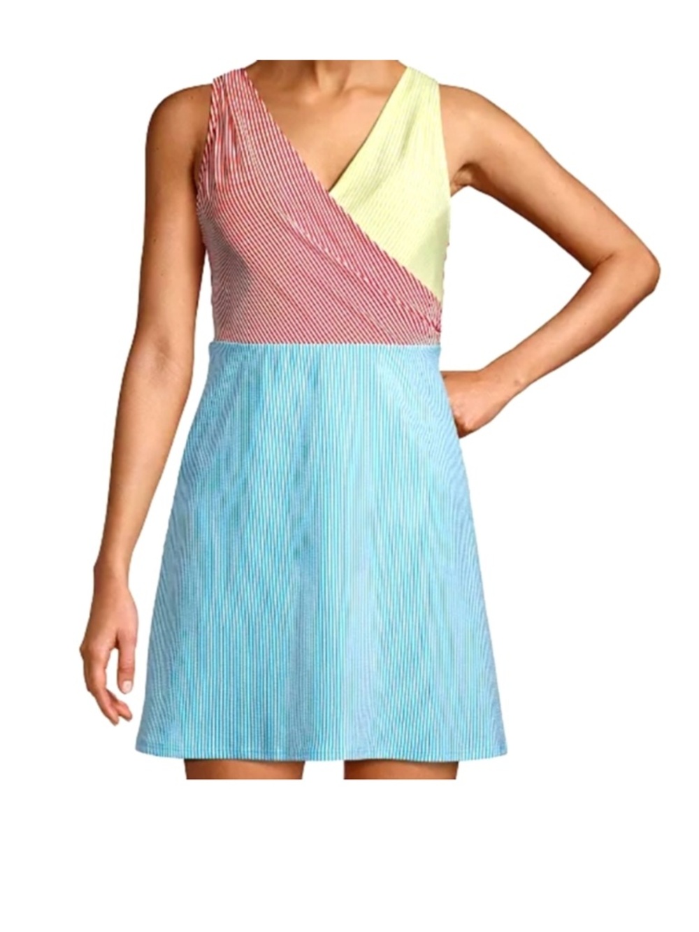 Land’s End Swim Dress 14 DDDCup Colorblock Chlorine Resistant Tummy Control Wrap